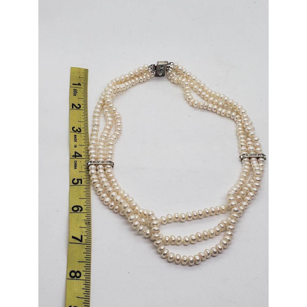 Freshwater Pearl Necklace 3 Strand White Rhinestone Spacers Silver Tone Layered - Picture 8 of 15